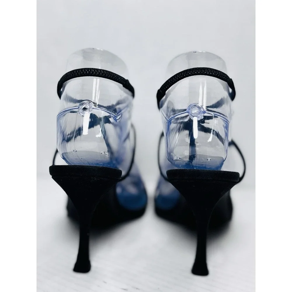 Vera Wang Strappy Crystal Heels Black Leather Made Italy 7.5 Embellished Blue